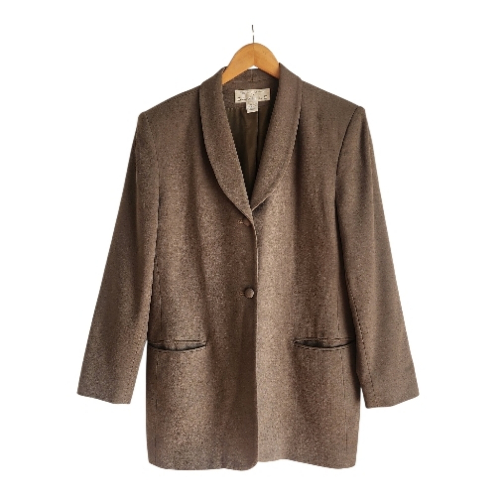 Vtg 80s Rena Rowan For‎ Saville Greenish Grey Wool Women's Blazer Sz 14 Scandi